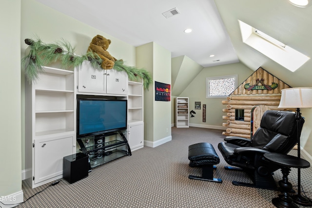 2421 Acanthus Dr, Wake Forest, NC 27587 - living area with carpet, a skylight, baseboards, lofted ceiling, and recessed lighting