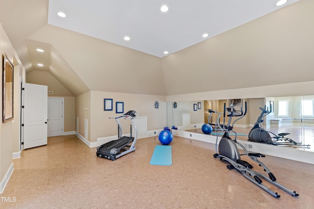 2421 Acanthus Dr, Wake Forest, NC 27587 - workout area with baseboards, vaulted ceiling, and recessed lighting