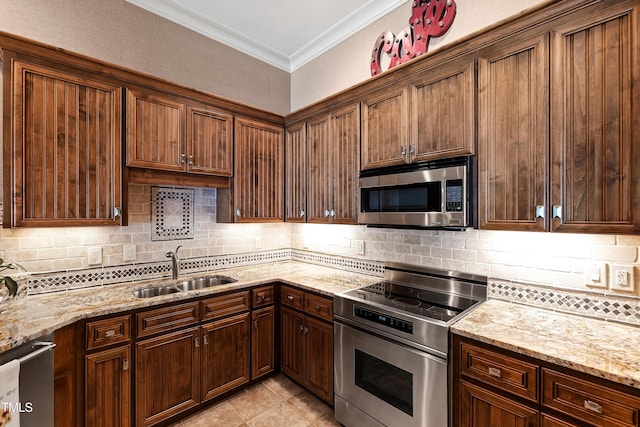 2421 Acanthus Dr, Wake Forest, NC 27587 - kitchen with stainless steel appliances, a sink, decorative backsplash, crown molding, and light stone countertops