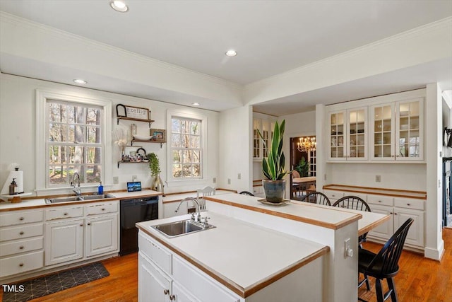 kitchen featuring light wood-type flooring, black dishwasher, a kitchen island with sink, and a sink