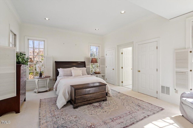 bedroom featuring recessed lighting, visible vents, carpet flooring, and ornamental molding