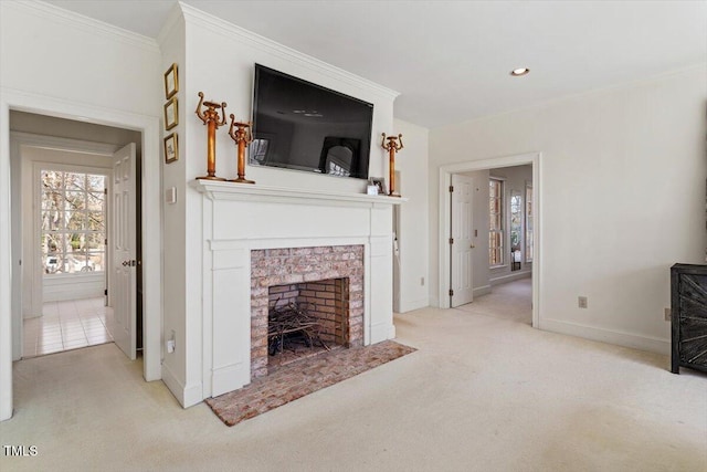 carpeted living area featuring crown molding, recessed lighting, a fireplace, and baseboards