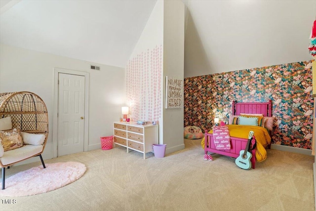 bedroom featuring visible vents, baseboards, high vaulted ceiling, and carpet flooring