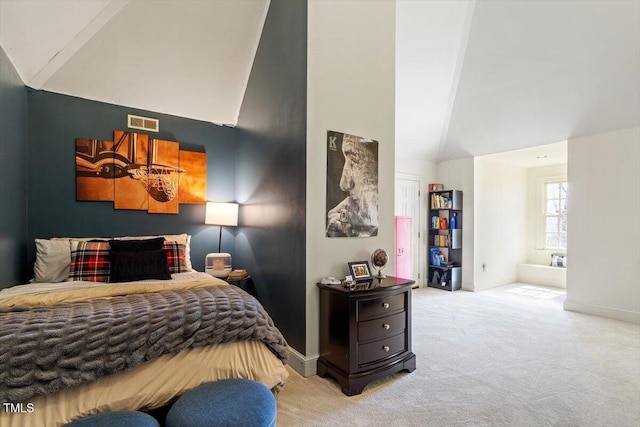 carpeted bedroom featuring visible vents, high vaulted ceiling, and baseboards