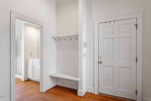 mudroom with baseboards and light wood-style floors