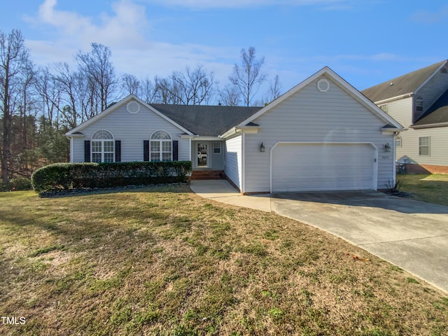 ranch-style house featuring a front lawn, concrete driveway, and a garage