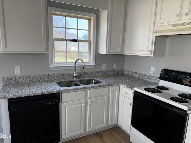 kitchen featuring a sink, black dishwasher, electric stove, under cabinet range hood, and white cabinetry