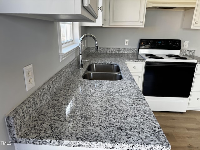 kitchen featuring light stone countertops, under cabinet range hood, electric range oven, wood finished floors, and a sink