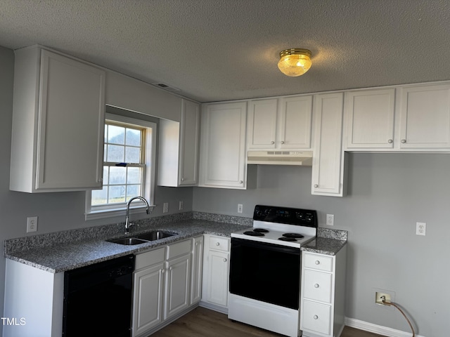 kitchen featuring a sink, electric range oven, black dishwasher, under cabinet range hood, and white cabinetry