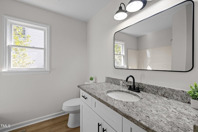 bathroom with baseboards, toilet, wood finished floors, and vanity