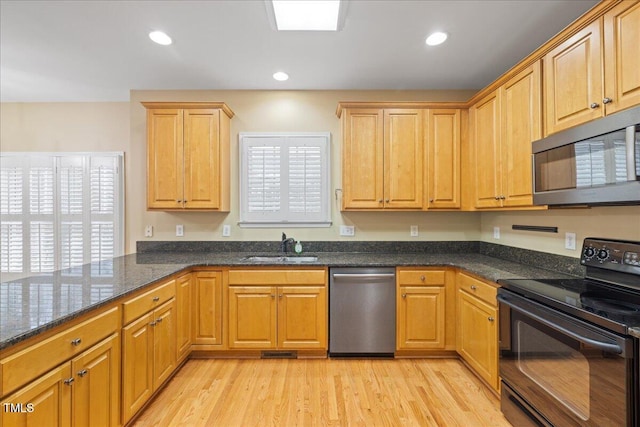 kitchen featuring a sink, plenty of natural light, light wood-style floors, and stainless steel appliances