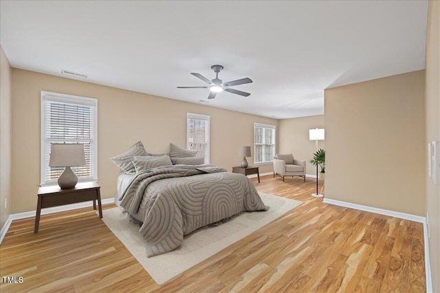 bedroom featuring light wood-style flooring, baseboards, and visible vents