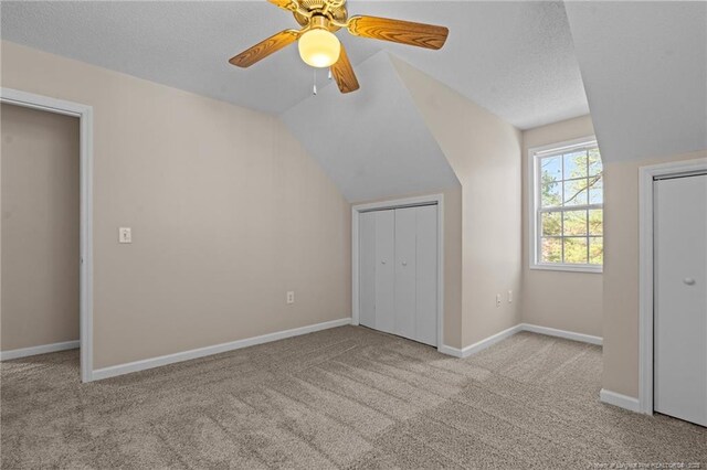 additional living space with baseboards, a textured ceiling, carpet, and vaulted ceiling