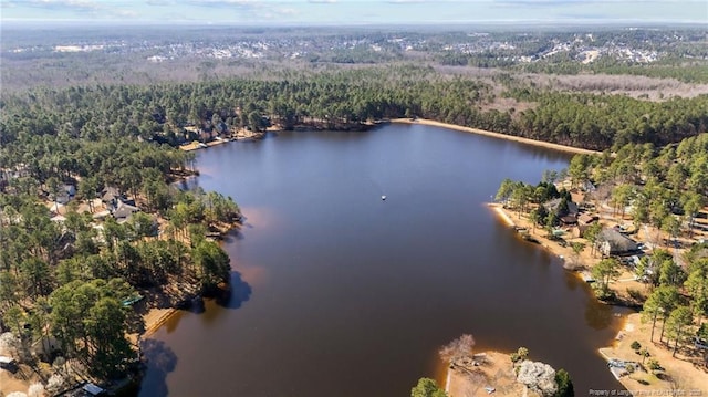 aerial view featuring a forest view and a water view