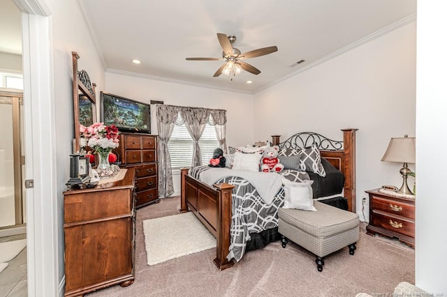 carpeted bedroom featuring crown molding, recessed lighting, visible vents, and ceiling fan