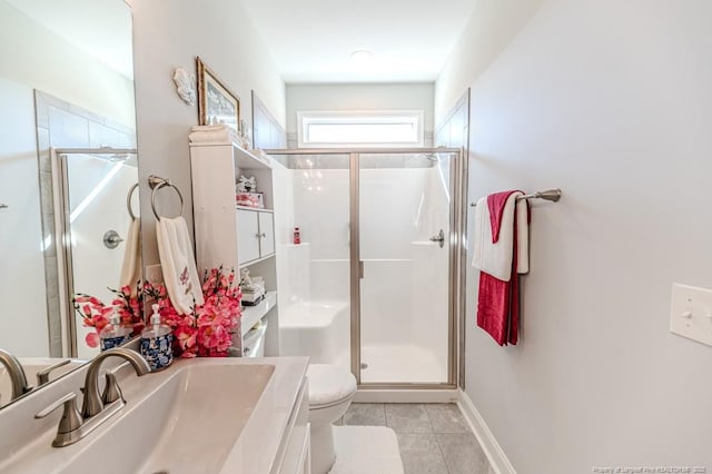 bathroom with tile patterned floors, toilet, baseboards, and a stall shower