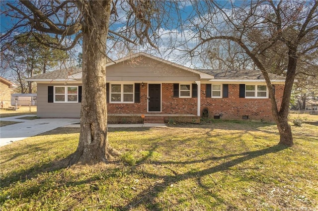 ranch-style house with crawl space, a front yard, and brick siding