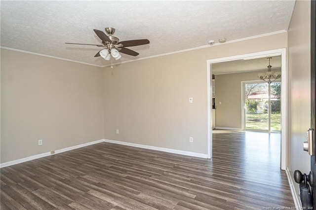 unfurnished room with ornamental molding, ceiling fan with notable chandelier, a textured ceiling, dark wood finished floors, and baseboards