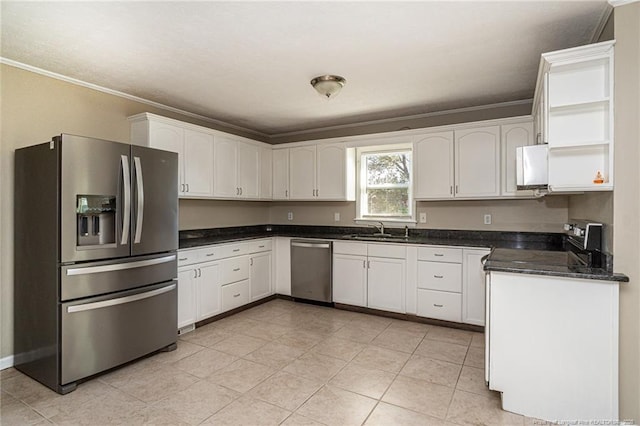 kitchen featuring open shelves, a sink, ornamental molding, stainless steel appliances, and white cabinetry