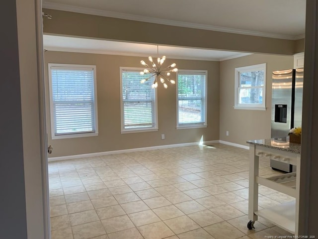 unfurnished dining area featuring light tile patterned floors, a chandelier, baseboards, and ornamental molding