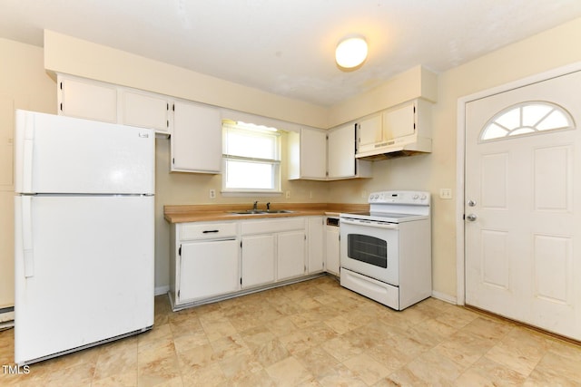 kitchen featuring under cabinet range hood, light countertops, white cabinets, white appliances, and a sink