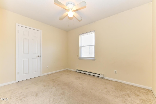 unfurnished room featuring carpet flooring, baseboards, and a baseboard radiator