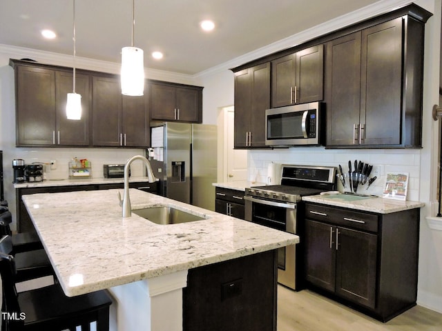 519 Flat Ford Rd, Hillsborough, NC 27278 - kitchen featuring light stone countertops, appliances with stainless steel finishes, decorative backsplash, ornamental molding, and dark brown cabinets
