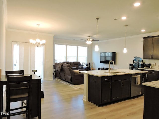 519 Flat Ford Rd, Hillsborough, NC 27278 - kitchen featuring light wood-style flooring, dishwasher, ornamental molding, a sink, and ceiling fan with notable chandelier