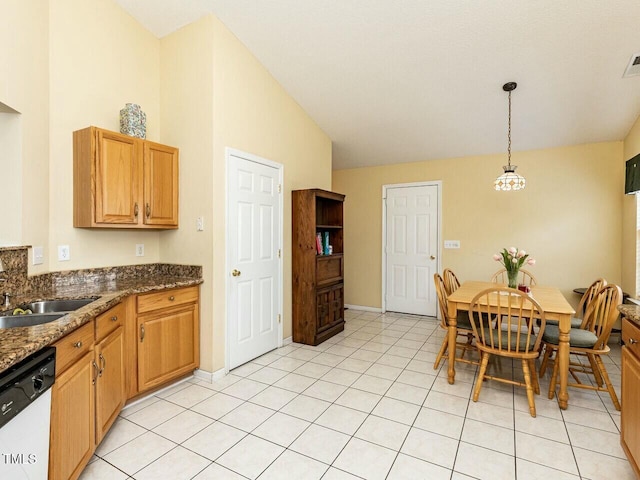 dining area with visible vents, baseboards, a chandelier, light tile patterned floors, and high vaulted ceiling