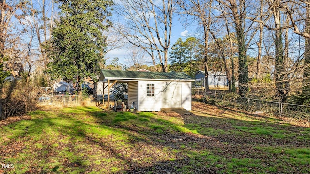 view of shed with a fenced backyard