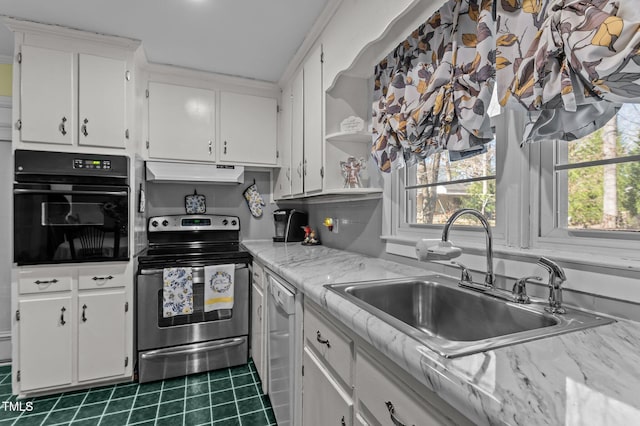 kitchen with open shelves, a sink, white cabinets, under cabinet range hood, and appliances with stainless steel finishes