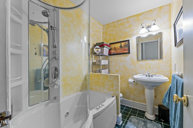 full bathroom with wallpapered walls, tile patterned floors, bathing tub / shower combination, and baseboards