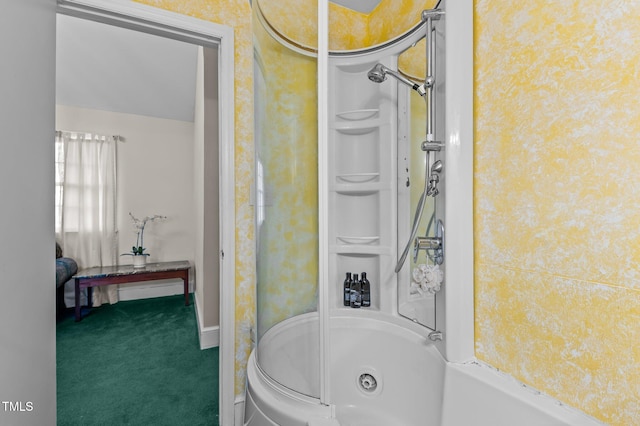 full bathroom with wallpapered walls