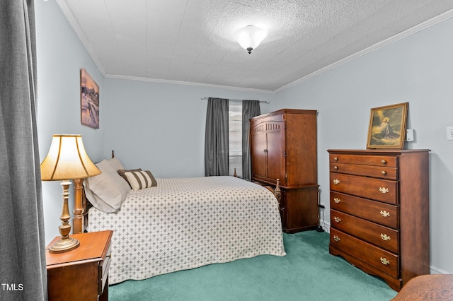 bedroom with ornamental molding, a textured ceiling, and carpet floors