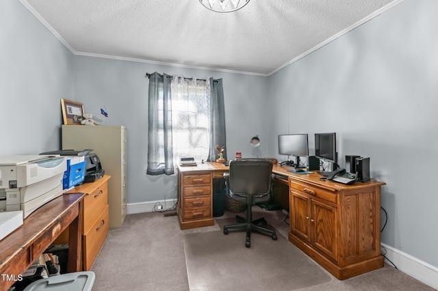 office area with light carpet, a textured ceiling, baseboards, and ornamental molding