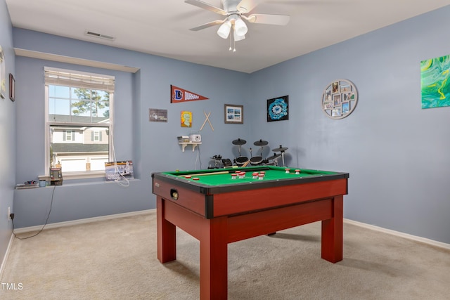 playroom with billiards, a ceiling fan, carpet, visible vents, and baseboards