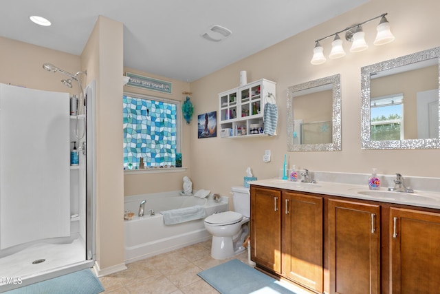 bathroom with a shower stall, a bath, tile patterned floors, and a sink