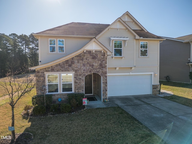 craftsman inspired home featuring stone siding, driveway, an attached garage, and a front lawn