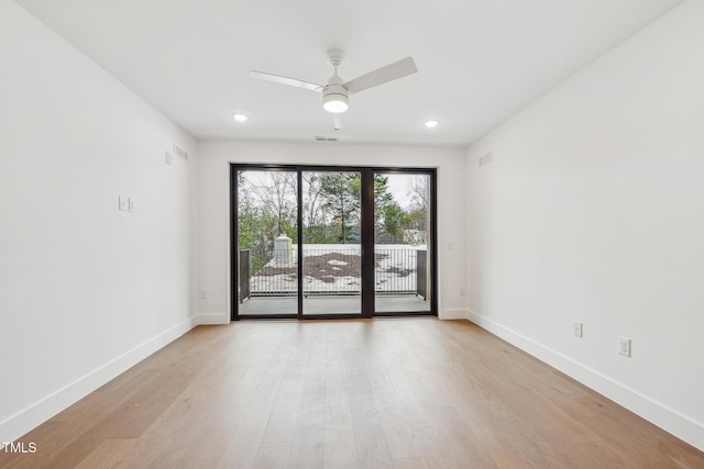 spare room with recessed lighting, a ceiling fan, baseboards, and light wood finished floors