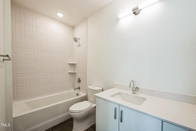 bathroom with tub / shower combination, toilet, recessed lighting, and vanity