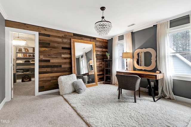 office area with visible vents, baseboards, a chandelier, ornamental molding, and carpet flooring