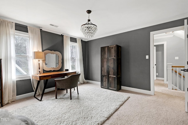 carpeted office with an inviting chandelier, baseboards, visible vents, and ornamental molding