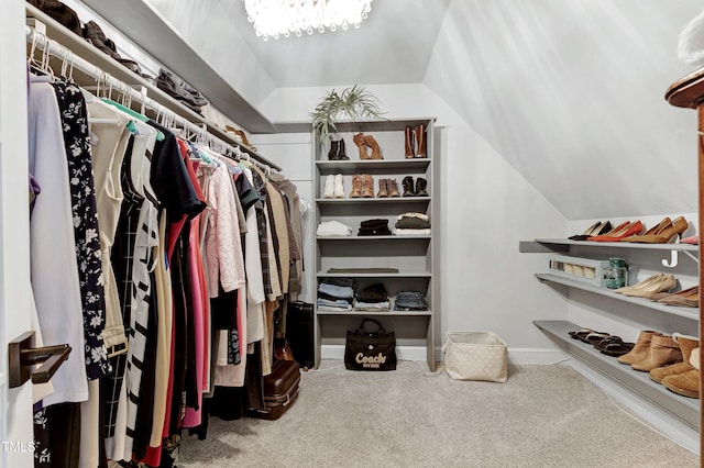 spacious closet featuring lofted ceiling and carpet