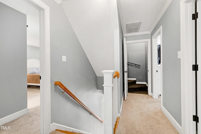 staircase with visible vents, baseboards, carpet, and crown molding