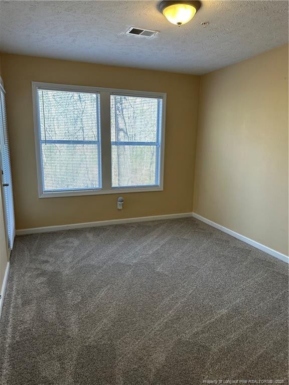 carpeted spare room with visible vents, plenty of natural light, a textured ceiling, and baseboards