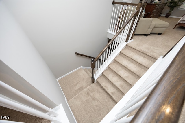 stairs with baseboards and carpet