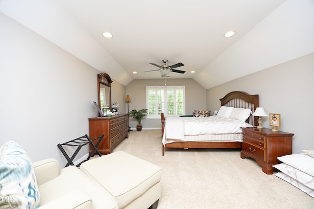 bedroom with lofted ceiling, a ceiling fan, recessed lighting, carpet, and baseboards