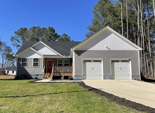 view of front of house featuring a front yard, a porch, a garage, crawl space, and board and batten siding