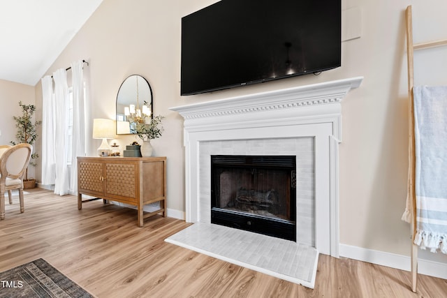 room details with a fireplace, wood finished floors, and baseboards