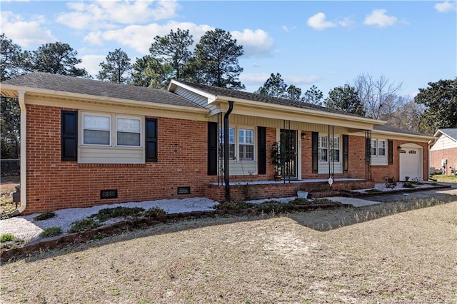 ranch-style house featuring crawl space, brick siding, a garage, and a porch